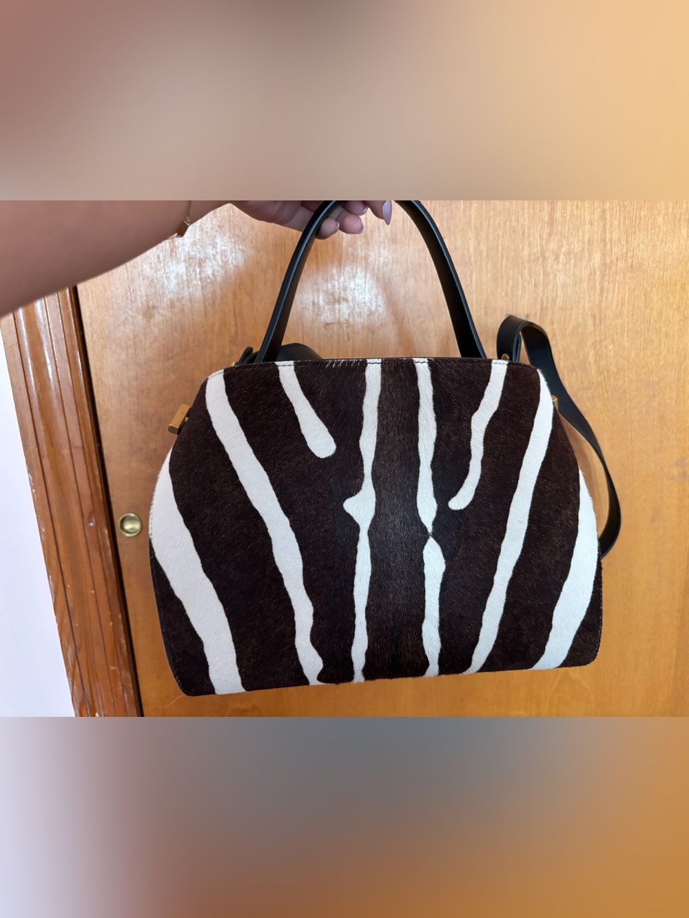 Oscar de la Renta pony hair Brown and White Zebra-Print Top-Handle Satchel